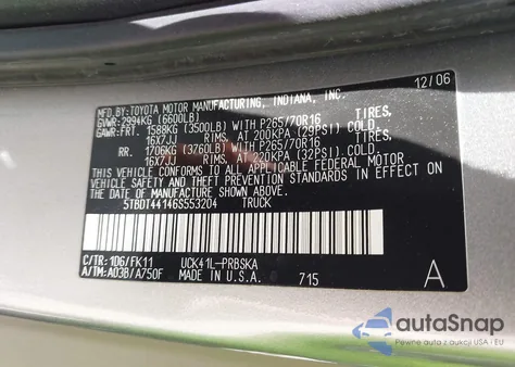 2006 Toyota Tundra Sr5 V8 from USA, damaged, VIN 5TBDT44146S553204